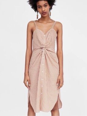 Zara Gingham Tie-Front Midi Dress - Brown/Orange SZ XS
